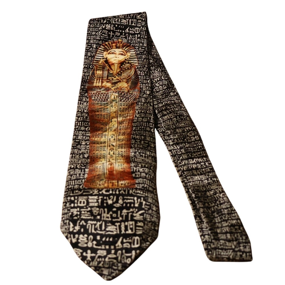 Museum Artifacts King Tut Silk Tie Egyptian Hieroglyphics Mens Black Handmade